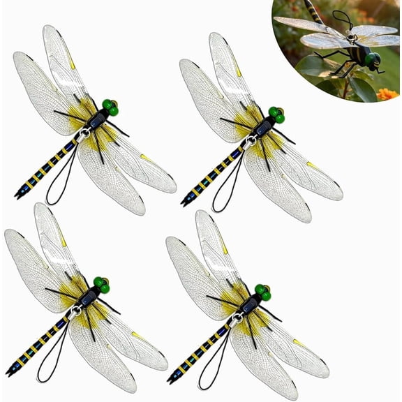 Dragonfly Fly Repellent 4 Pack, Realistic Artificial Dragonfly Outdoor Hanging Decor, Garden Patio Pest Control Ornament Durable PVC Natural Deterrent