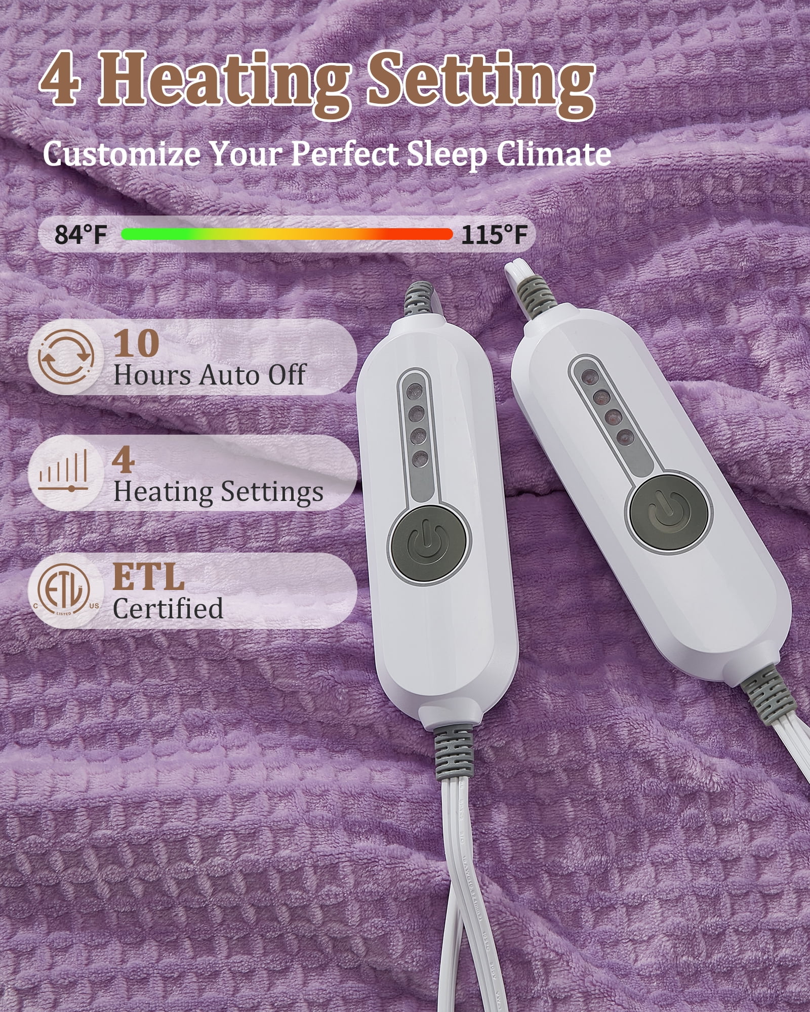 Heated Blanket Queen Size 84"x90", Waffle Electric Blanket with Dual Control, 4 Heating Levels & 10 Hours Auto Off, Machine Washable, Violet