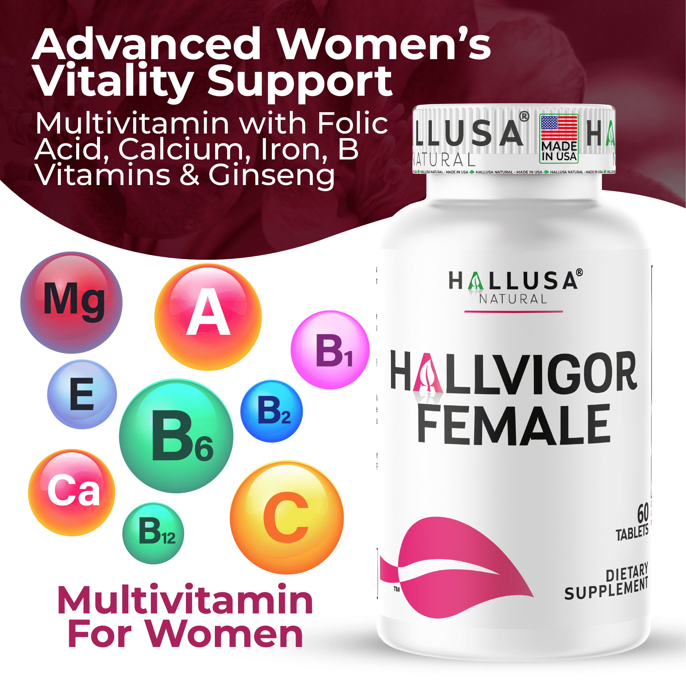Hallvigor Female – Women’s Vitality & Hormonal Balance Support, Multivitamin & Herbal Blend with Iron, B Vitamins & Ginseng – 60 Tablets