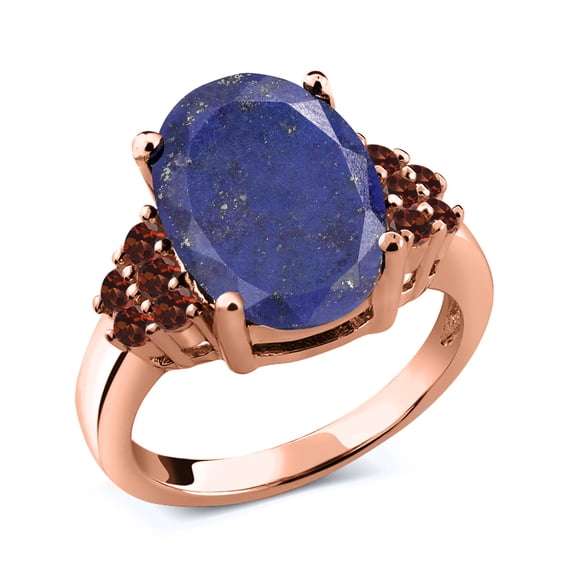 Gem Stone King 4.48 Ct Oval Blue Lapis Red Garnet 18K Rose Gold Plated Silver Ring (Size 8)