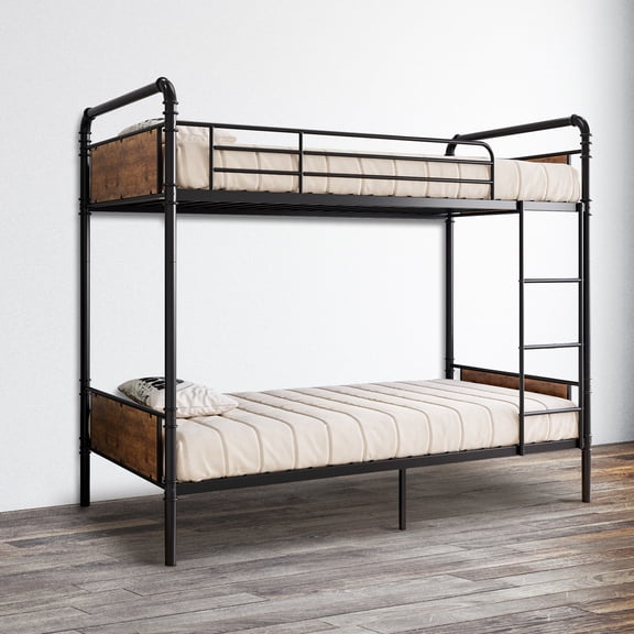 Industrial Twin Over Twin Bunk Bed, Convertible to 2 Separate Single Beds, Sturdy Metal Bunk Bed, Detachable Ladder & High Safety Guardrails for Safety, Space-Saving Design