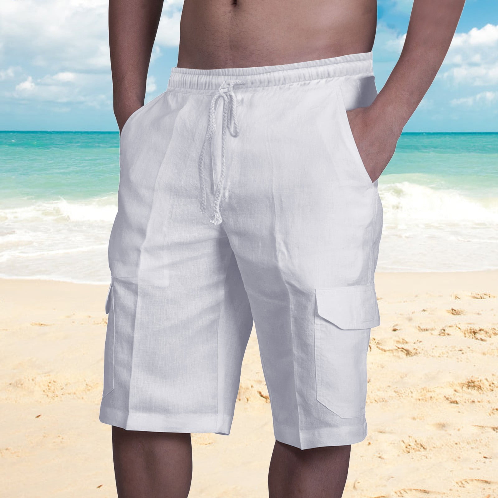 wofeydo Shorts Men Spring Hawaii Beach Summer Mens Solid Shorts Leisure Multi Pocket Vacation Casual Cotton Party Color Men s Casual Shorts Men s Shorts Gym Shorts for Men White 2XL Walmart