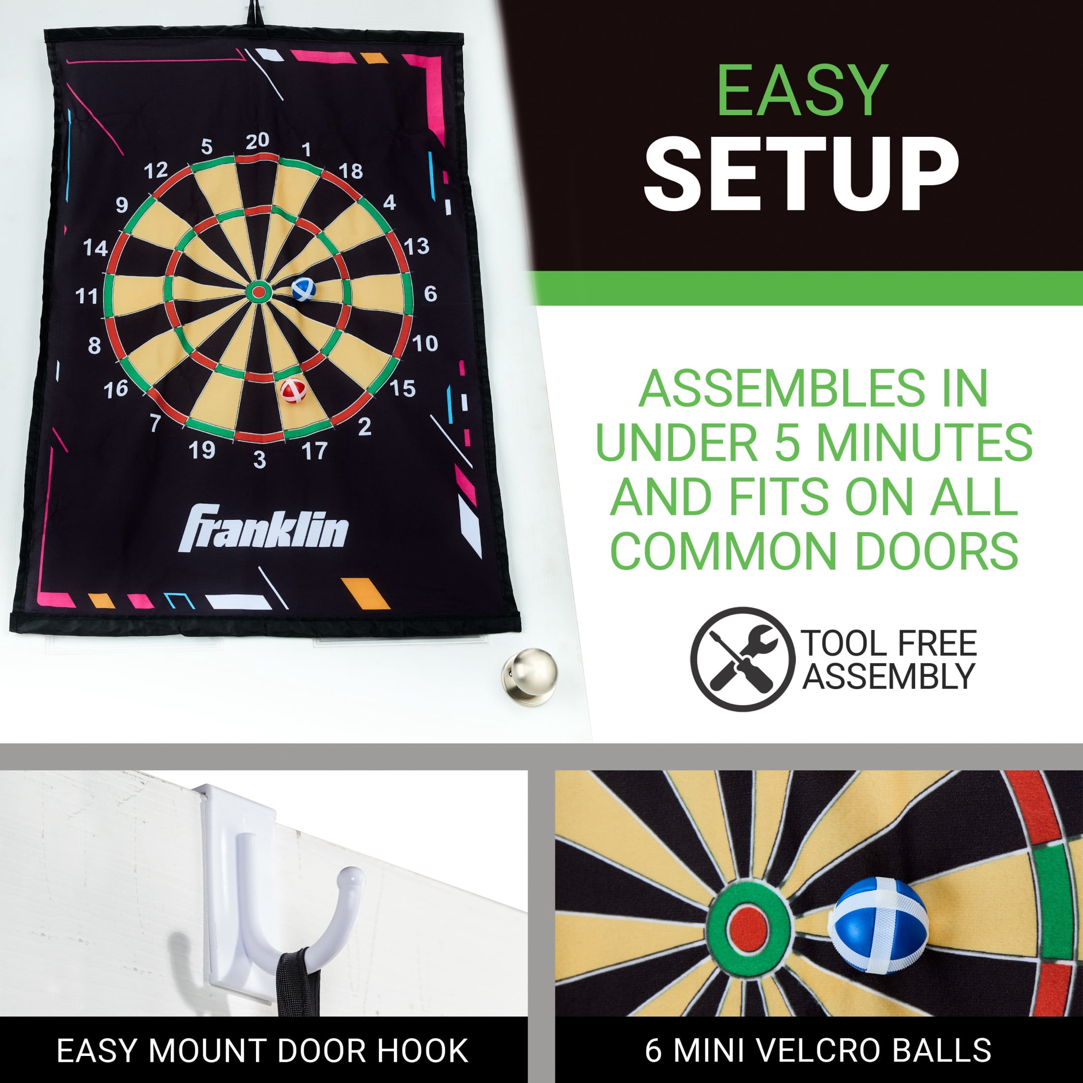 Franklin Sports Kids Dartboard Target Toss Game - Over The Door Ball Dart Game with Target + (6) Self-Stick Balls - Indoor - Boys + Girls - Ages 6+