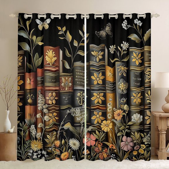 Manfei Western Books Teens Black Out Curtains, Rustic Farmhouse Flower Curtains Pack of 2 (42x63 Each), Oil Printing Artwork Bedroom Curtains, Window Curtains Bedroom Decor