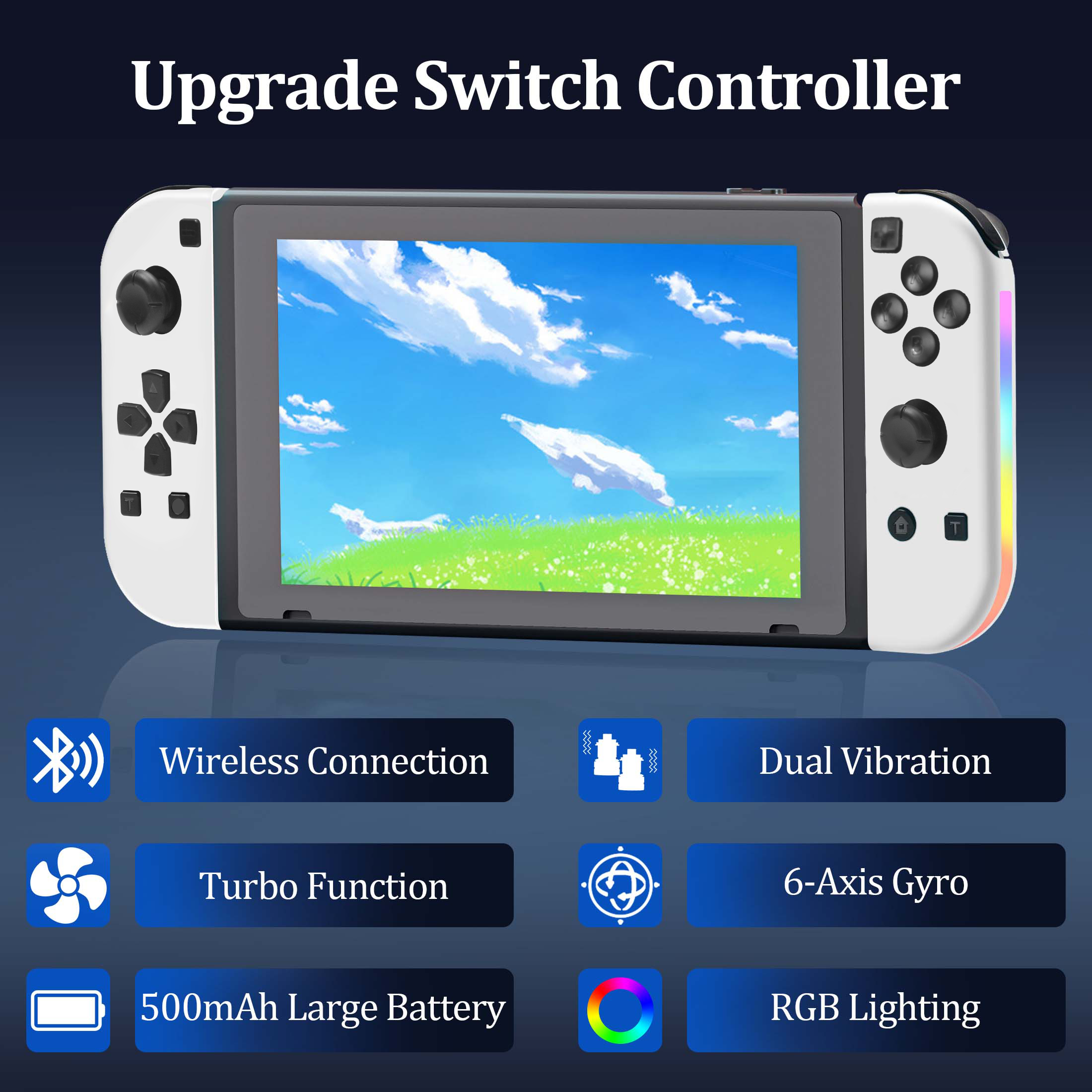 Controlador de Juegos Dividido Inalámbrico, Gamepad Bluetooth con Luz RGB, Movimiento y Vibración, Controlador Recargable para Consola Portátil 2
