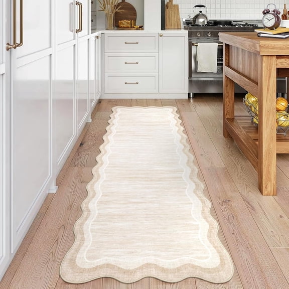 Scalloped Runner Rug 2x6 Washable Modern Low Pile Carpet Non Slip Soft Polyester Area Rug for Kitchen Entryway Bedroom Hallway,Cream