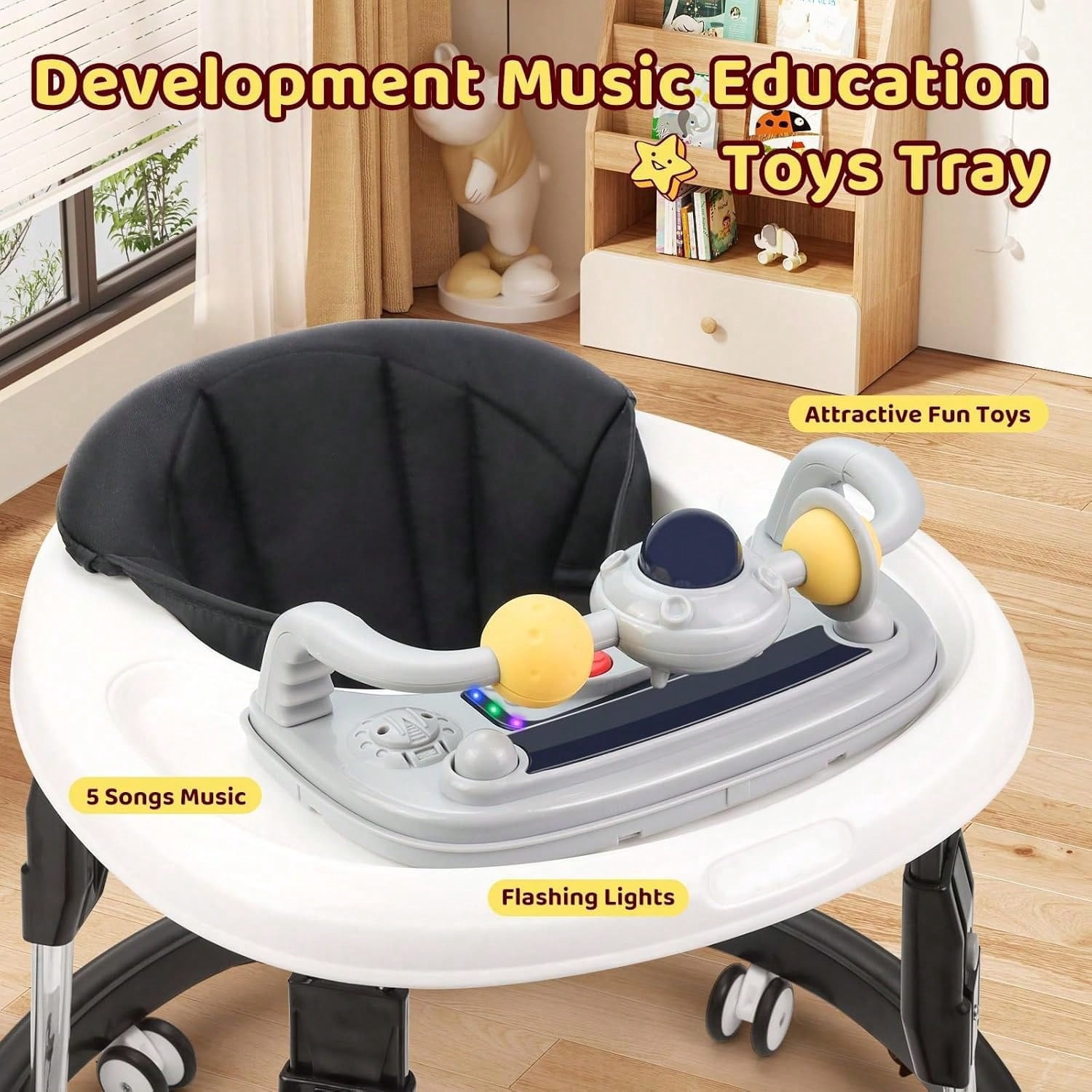PRVAETU Foldable Baby Walker Activity Center W/ Music Toy,Wheels,Height Adjustable & Foot Pad for 6-18 Months Babies Infant Boys Girls,Black