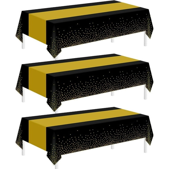 QIANJI 3 Pack Black and Gold Tablecloths for Events,54"x108" Plastic Table Cloths for Rectangle Tables,Disposable Party Table Covers for New Years Eve Decorations 2026,Holiday Birthday Wedding Dining