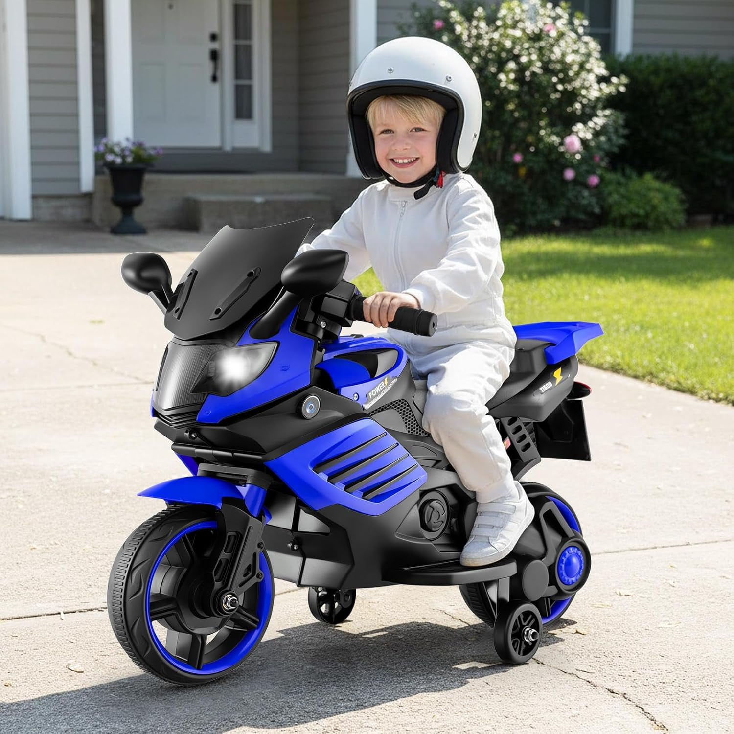 OLAKIDS 6V Kids Motorcycle with Training Wheels, Horn, Music, Headlight for Boys Girls Aged 3+ Years