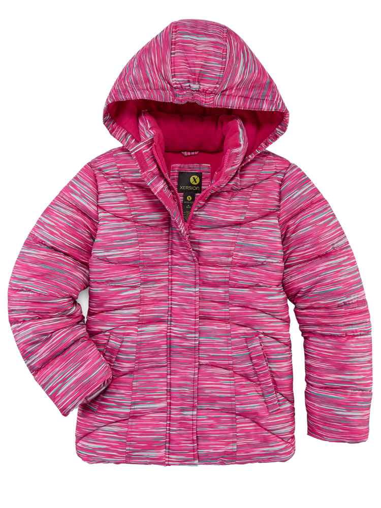 Xersion - Girls Pink Stripe Puffer Ski Jacket Hooded Winter Snow Coat ...