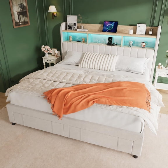 King Upholstered Bed Frame with LED Light and Storage Headboard, Platform Bed with Charging Station, 2 Drawers, Fabric Headboard, No Box Spring Needed, Easy Assembly, Beige