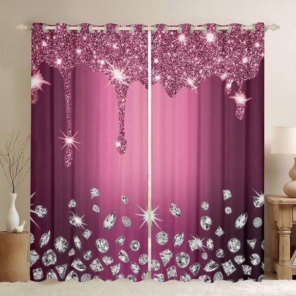 Feelyou Chic Bling Diamond Black Out Curtains, Princess Pink Sequin Print Curtains Pack of 2 (42x63 Each), Modern Fashion Bedroom Curtains, Blackout Curtains Home Decor