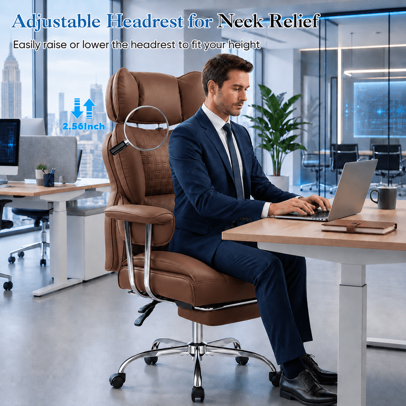 Simple Deluxe 350lbs Executive Heavy Duty Office Chair for Big & Tall, PU Leather Ergonomic Reclining Desk Chair with Footrest, Pocket Spring Cushion, Brown