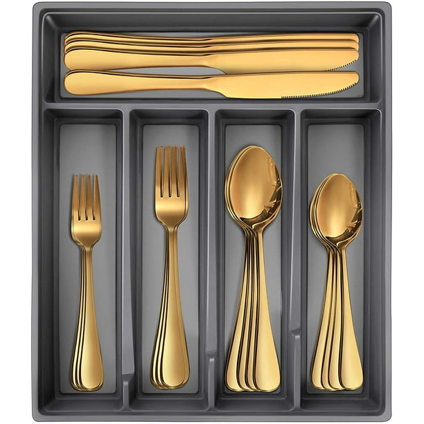 20Piece Gold Silverware Set with Tray for 4, Mirror Polished, Stainless Steel Flatware Cutlery