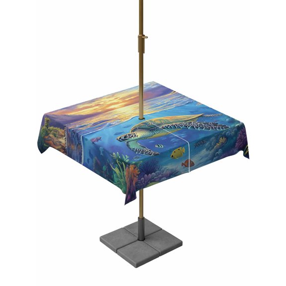 Outdoor Table Cloth with Umbrella Hole and Zipper, Sea Turtles Waterproof Square Tablecloth 54"x54", Coastal Coral Tropical Fish Sunset Scenery Washable Table Cover for Outside Party Patio Picnic