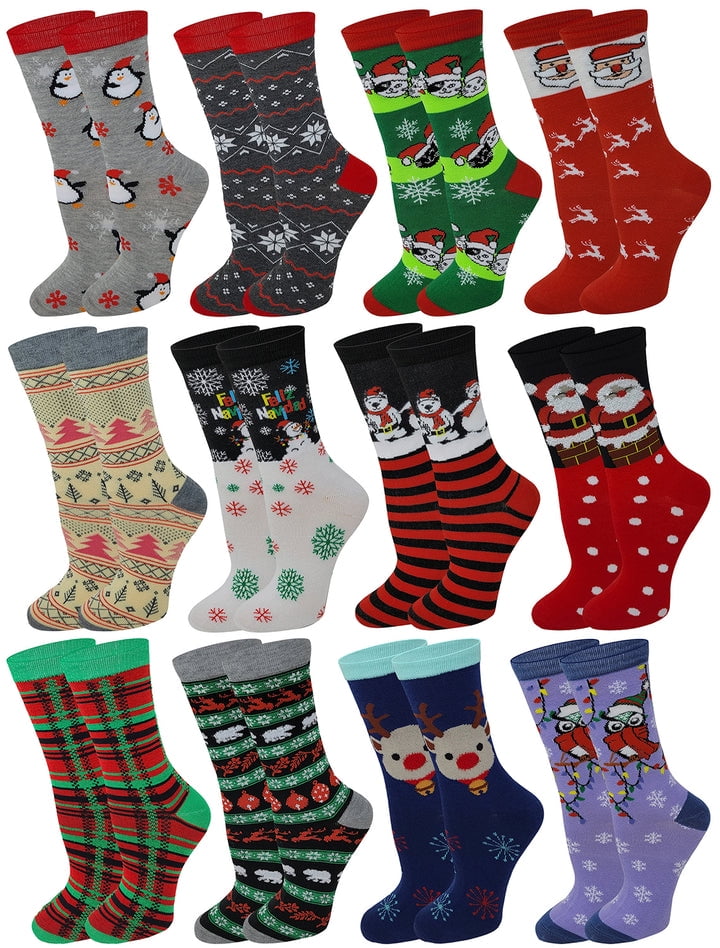 Women 12 Pairs Christmas Festive Design Holiday Crew Socks