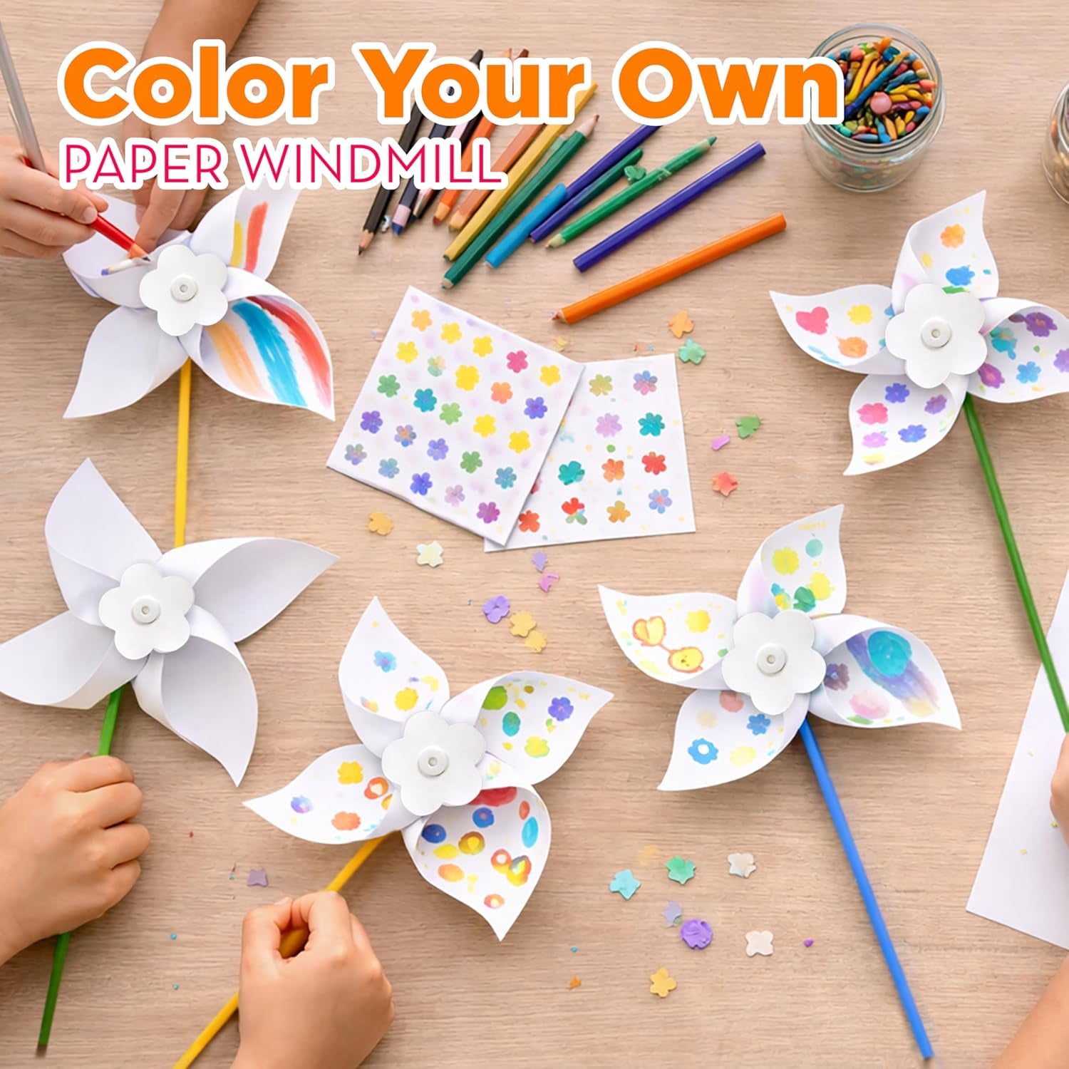 4E's Novelty 24 Pack DIY Pinwheels Craft for Kids, Bulk Summer Pinwheel Craft Kit, Colour Your Own Paper Windmill