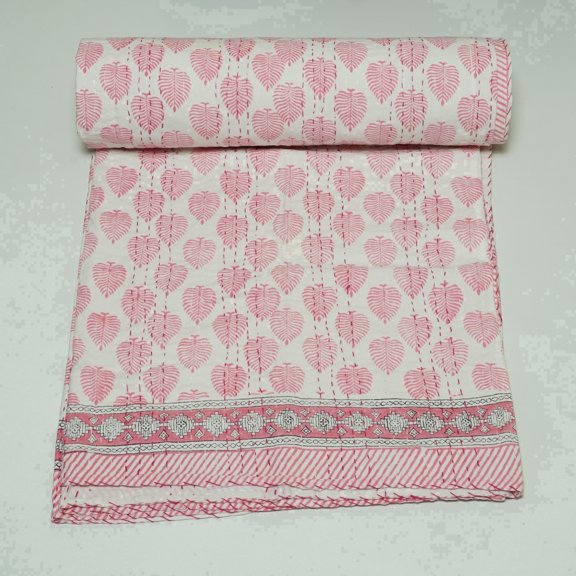 Ozark Textile Pink Leaf Block Print Indian Handmade Cotton Quilts