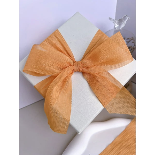 Firefly Hope 1 Rolls 1.5 Inch Chiffon Crinkle Silk Ribbon, Shining Handmade Fabric for Bow Decoration, Wedding Invitations & Crafts, Orange