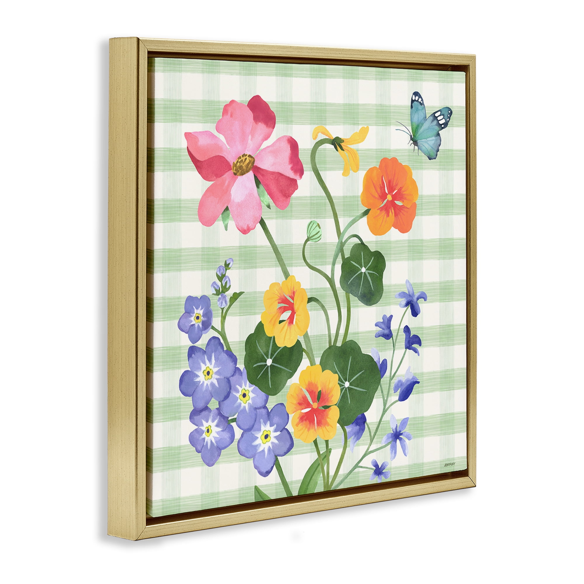 Stupell Industries Gingham Garden Flowers Botanical & Floral Painting Gold Floater Framed Canvas Art Print Wall Art, 18 x 18