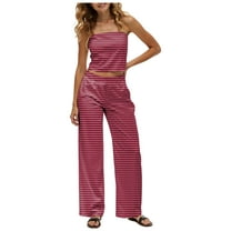 GEWSEY Womens Striped Pant Sets 2 Piece Strapless Tube Top and Wide Leg Pants Summer Casual Beach Outfits Vacation Clothes (Brick Red, M)
