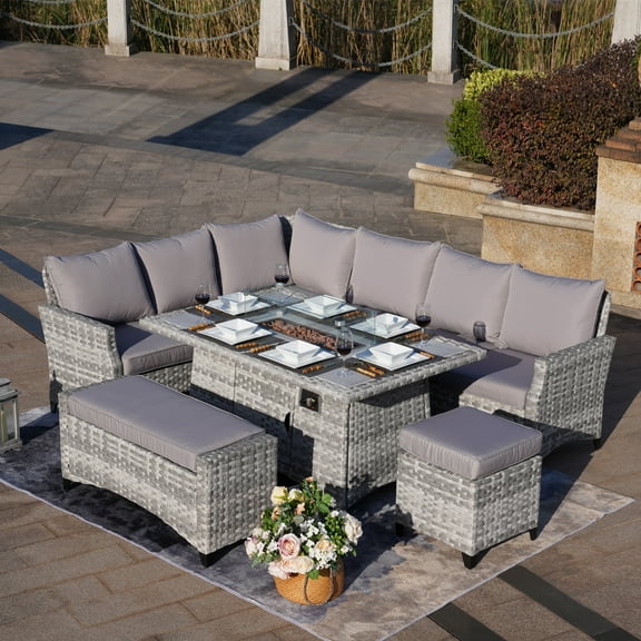 Direct Wicker 5-Piece Outdoor Conversational Sofa Set with Fire Pit Table and Ottoman, Gray