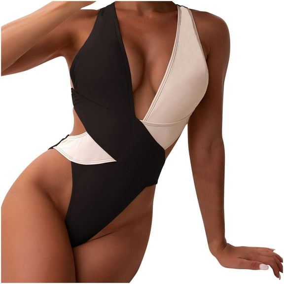 Babysbule Ladies Nylon Cross Strap Sleeveless Stitching Color Blocking Bodysuit One-Piece Swimsuits For Women