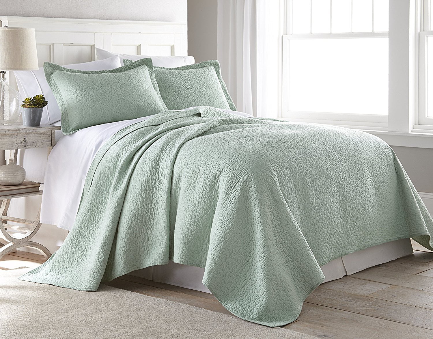 King, Seafoam Green Chezmoi Collection Katy 3-Piece Solid Raw Edge 100% Cotton Pre-Washed Soft-Finished Quilt Set