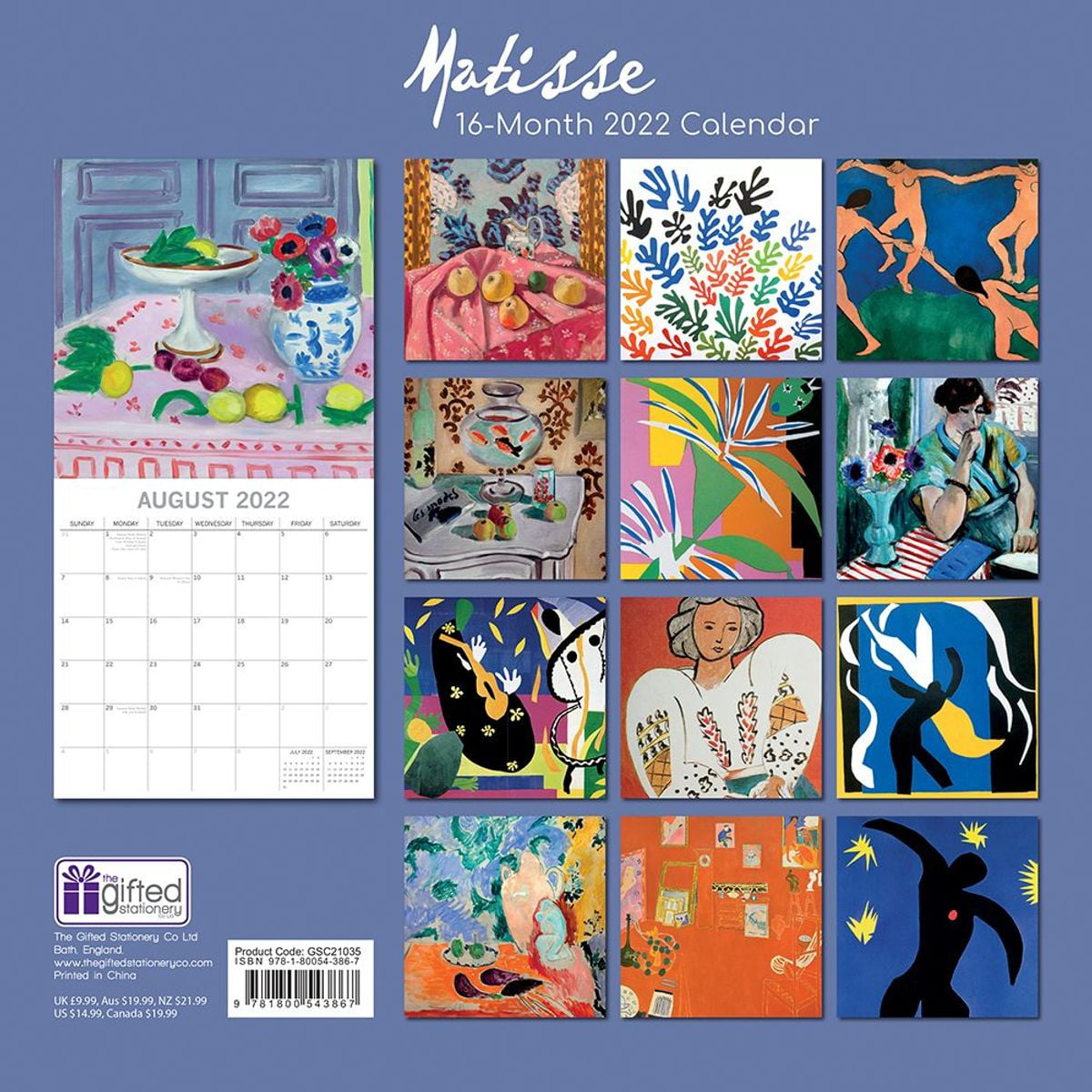 Famous Artists and Artworks Theme Includes 180 Reminder Stickers 2021 Wall Calendar 16-Month 12 x 12 Inch Monthly View Matisse