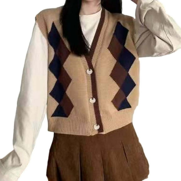Bibifish Womens Cardigan Sweater Plaid Pattern Sweater Knit Vest Button Front Office Casual Daily Outings Classic Loose Fit Sleeveless Cardigan