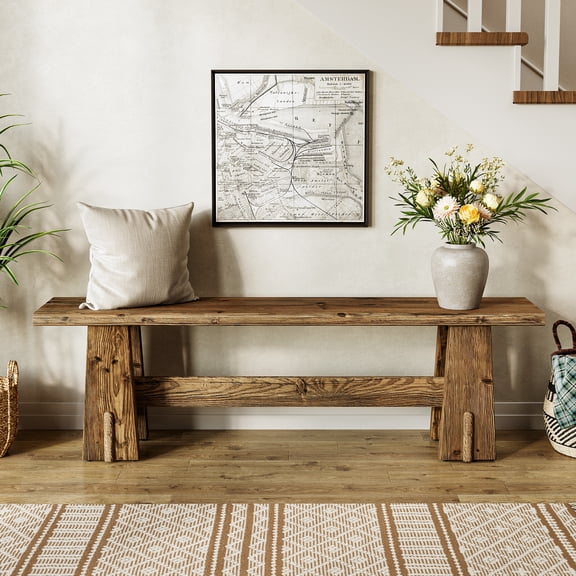 Finmind 59" Solid Wood Entryway Bench, Farmhouse Long Shoe Bench Seat with Unique Design for Bedroom, Mudroom, Hallway, Foyer, End of Bed, Rustic Brown