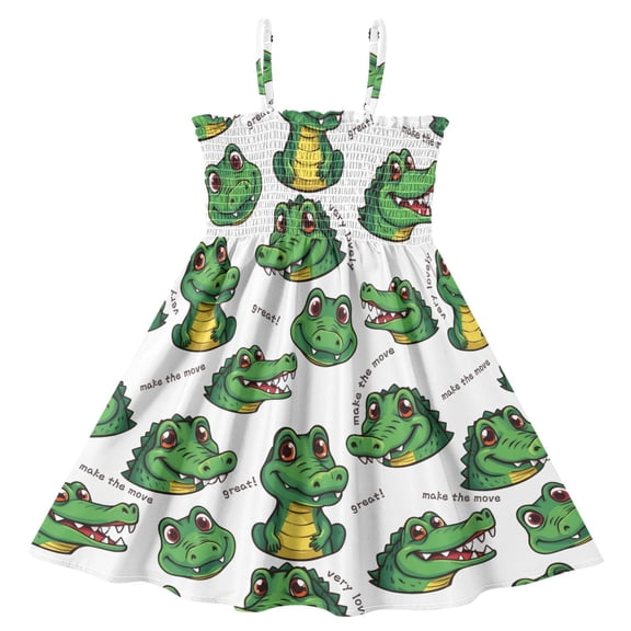 joogoo Girls' Cartoon Alligators Print Cami Dress Kids Sleeveless Smocked A-Line Sundress for 5-6 Years Casual Summer Swing Dresses