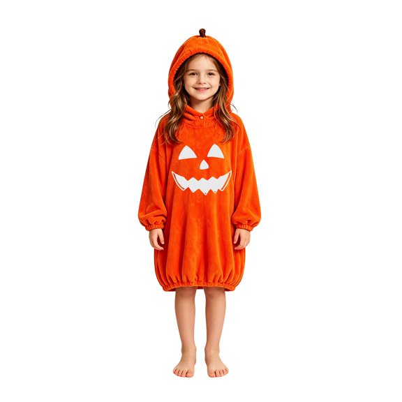 Halloween Outfit Girls Boys Oversized Pumpkin Hooded Blanket Hoodie Wearable Onesie Kids Cozy Funny Rompe𝐫 Casual Clothes