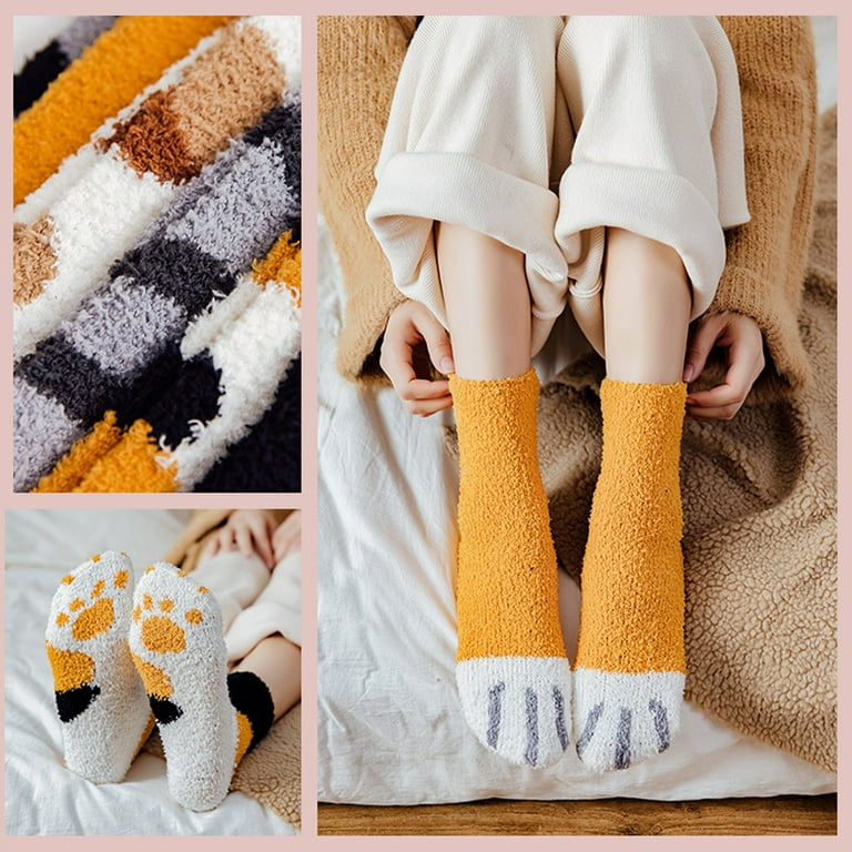 NKTIER 6 Pairs Fluffy Socks,Winter Fuzzy Socks Coral Fleece Warm Cute Cat  Paw Socks Novelty New Year Xmas Gifts For Women Kids Adults 