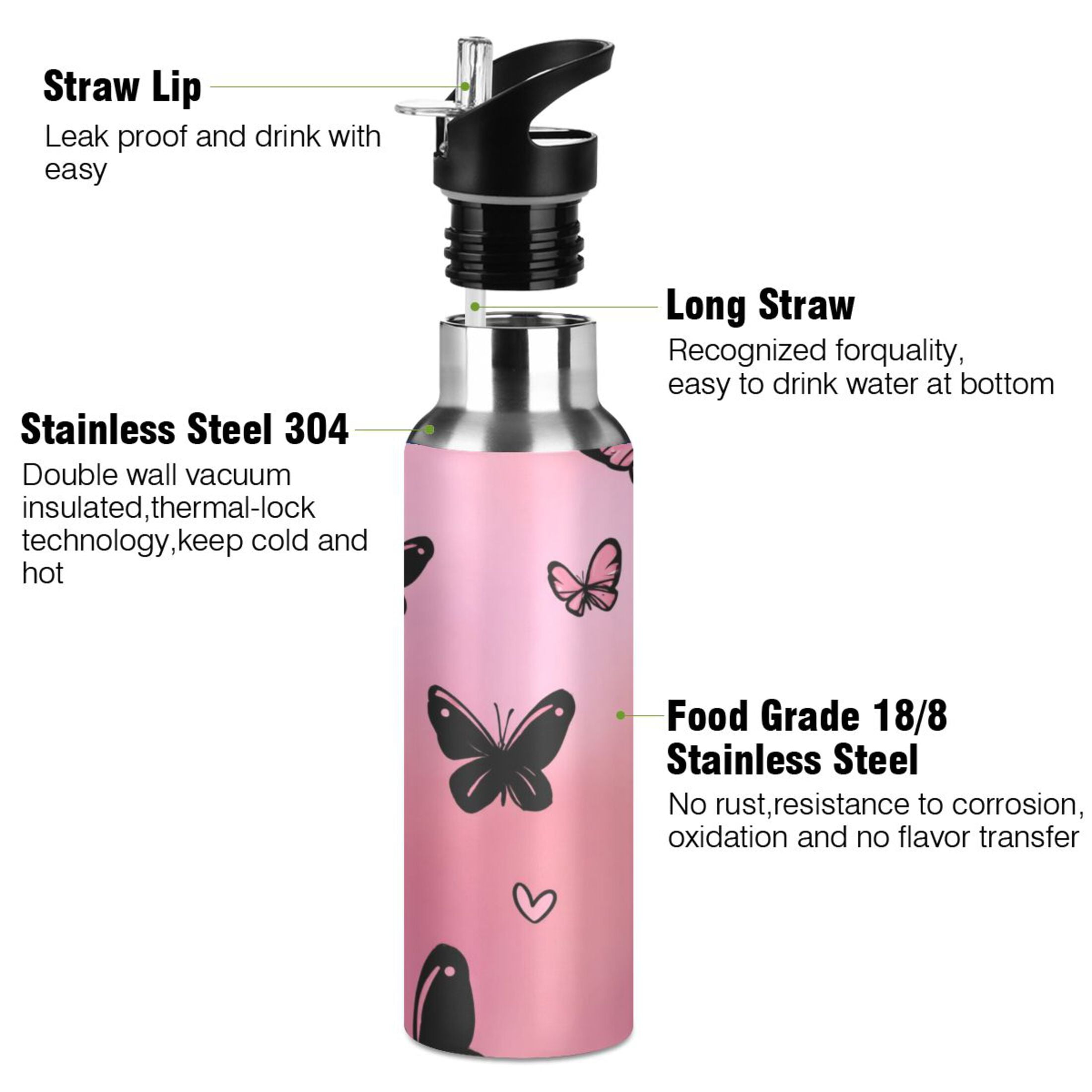 Iauyy Stainless Steel Double-Wall Vacuum Insulated Water Bottle with Straw-600ml&1000ml BPA-Free Leak-Proof for Travel Workouts Outdoor,Heart-shaped Gradient Effect