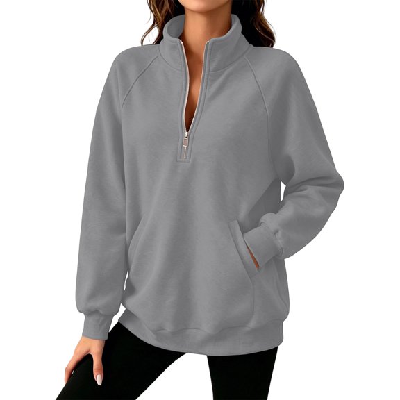 thefmos Women's Stand Collar Pocket Sweatshirt Half Zip Solid Color Casual Pullover Fashion Fall Winter Outfit, Gray 2XL
