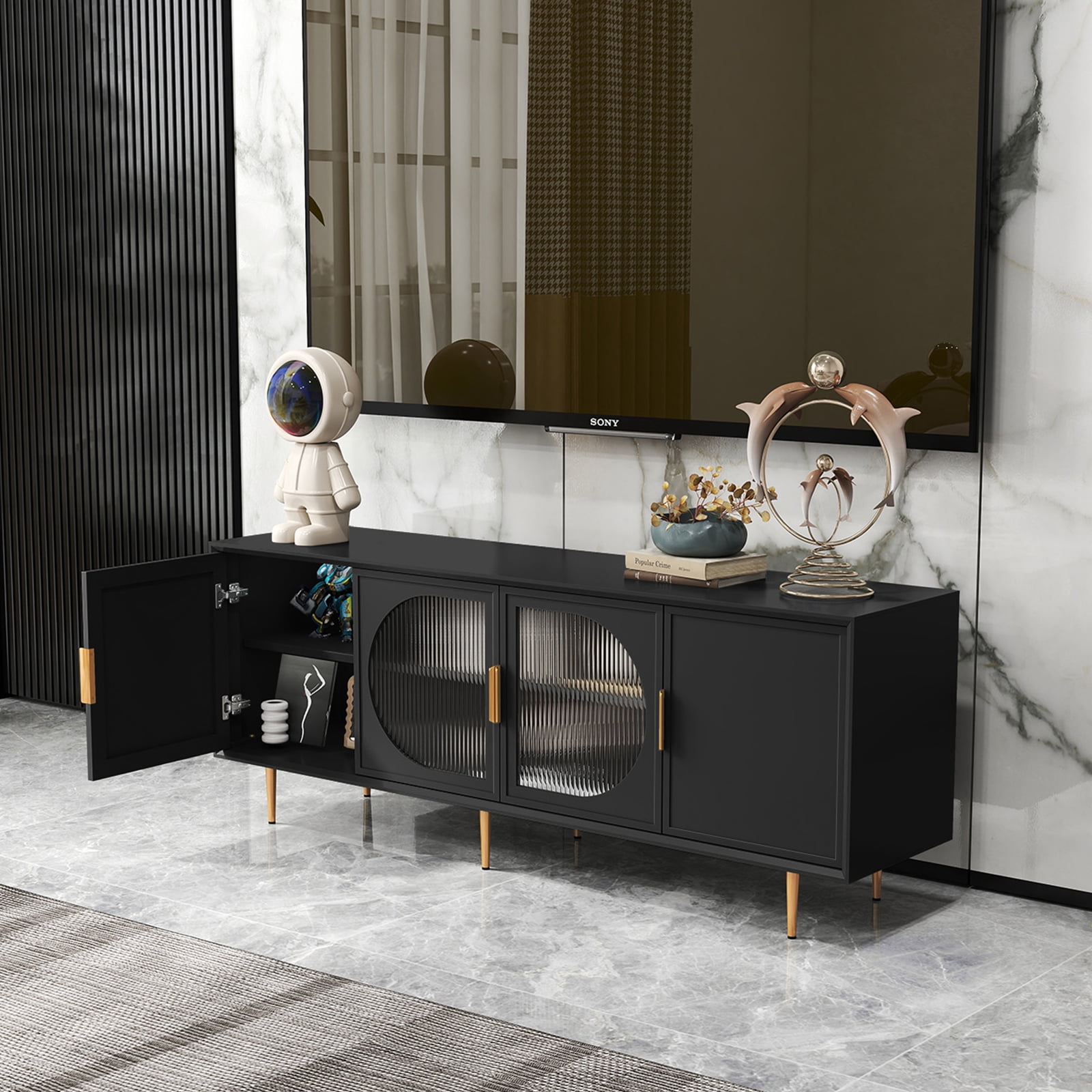 HLR Modern 66" TV Stand, for TVs up to 75", Living Room Entertainment Center with Glass Storage Cabinet, Black