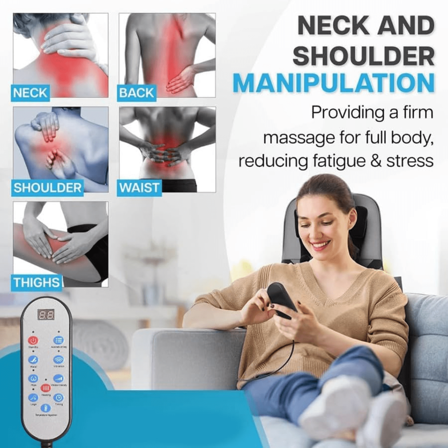 Shiatsu Deep-Kneading Chair Pad Seat Massager w Adjustable Neck & Back/ Heat for Home Office, Gray