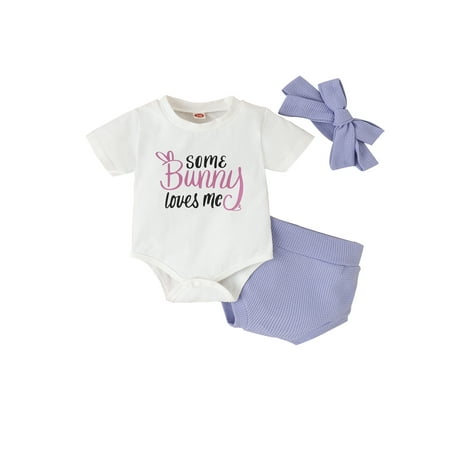 

xingqing Infant Baby Girls Easter Outfits Short Sleeve Rabbit Print Romper Elastic Waist Shorts with Hairband 3Pcs Set Purple
