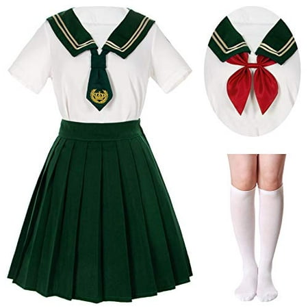 Japanese School Girls Sailor JK Uniform White Green Pleated Skirt Anime Cosplay Costumes with Socks Set(SSF27)