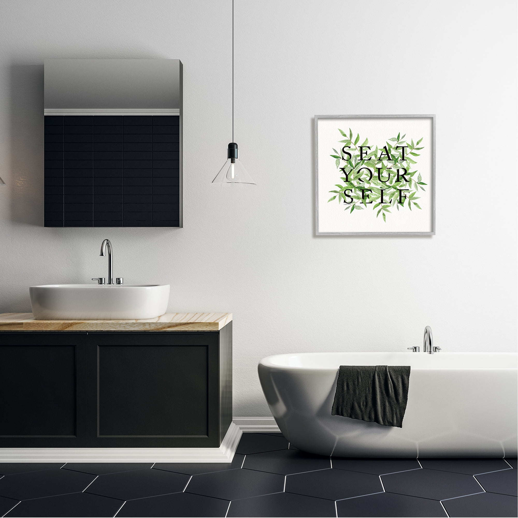 Stupell Seat Yourself Botanical Leaf Bathroom Typography Painting Gray Framed Art Print Wall Art