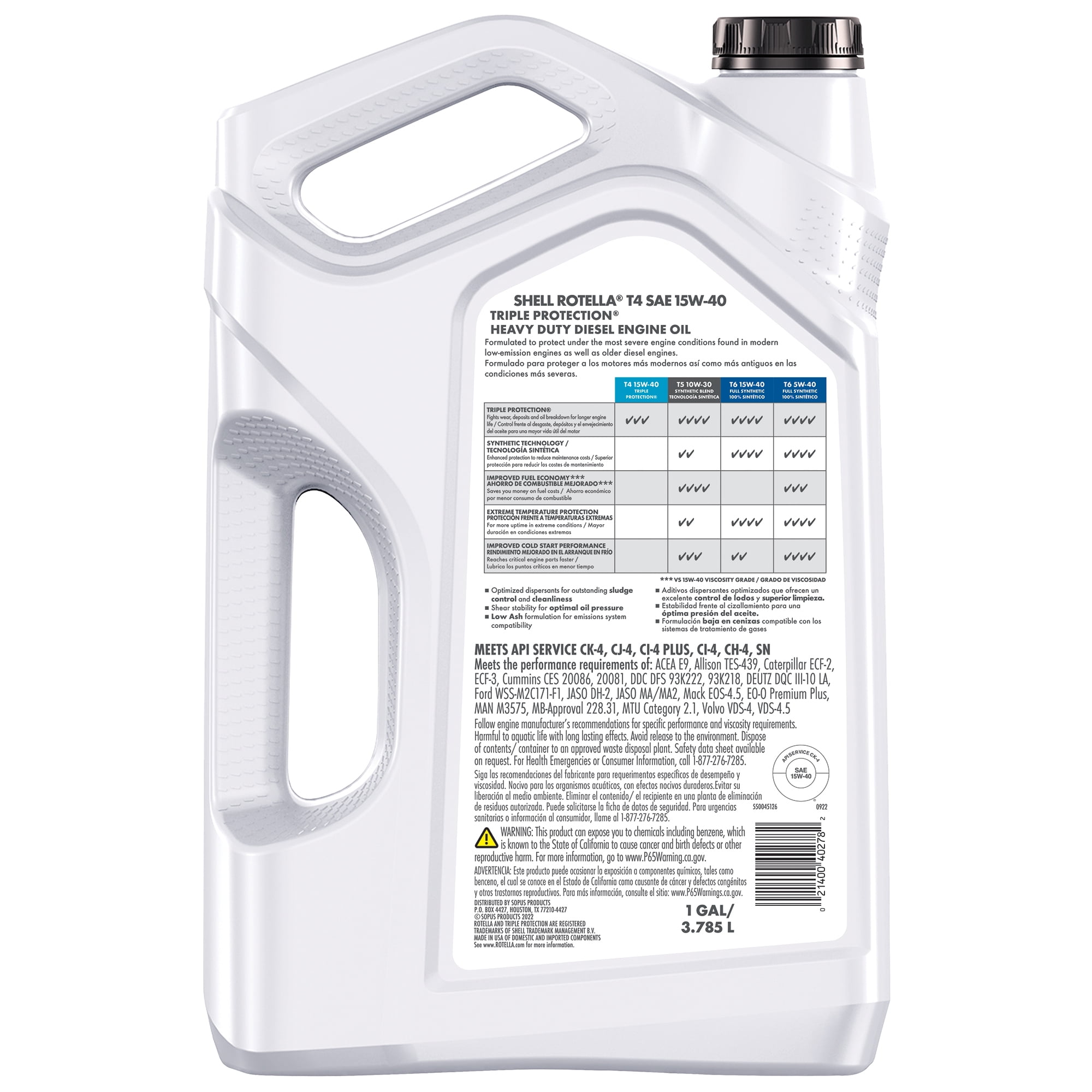 Shell Rotella Aceite de motor diesel convencional T4 Triple Protection  15W-40 (1 galón, paquete individual)