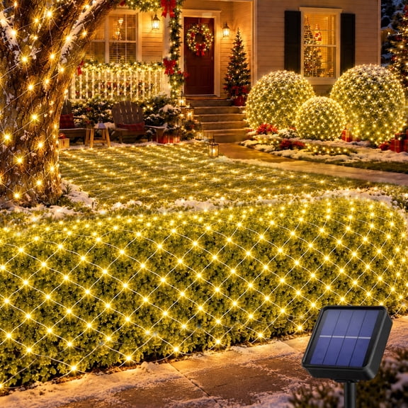 Solar Net Mesh Light 9.8ft x 6.6ft 200 LED, Waterproof Outdoor Net Light with 8 Modes for Bush, Christmas, Home, Garden Decorations(Warm White)