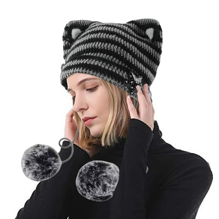 WTXUE Beanie, Women Cat Ear Hat with Pom Poms Star