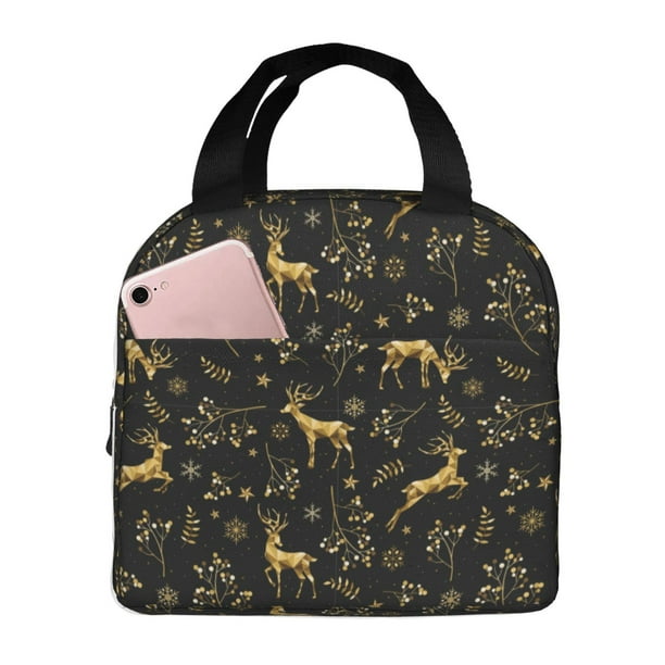 Easygdp Christmas Gold Deers1 Bolsa Térmica Premium - Tela Oxford Impermeable, Gran Capacidad, Bolsillo Frontal, Unisex para Trabajo, Escuela, Actividades al Aire Libre y Picnics
