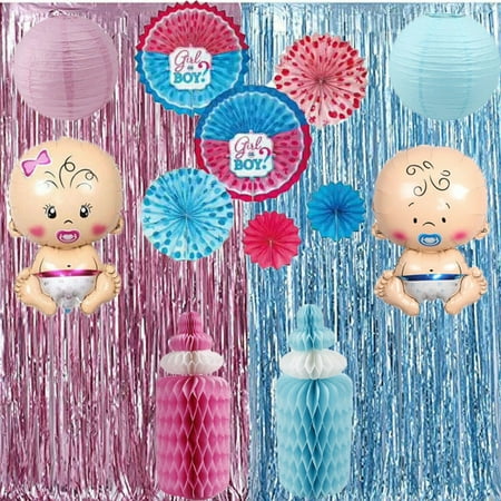 Image of EZGD Pink and Blue Gender Reveal Metallic Tinsel Foil Curtains 3.2 ft x 6.6 ft Party Decoration Photo Backdrop