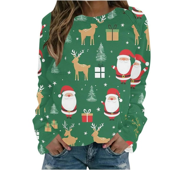 Womens Christmas Sweatshirts 2025 Cute Tree Print Long Sleeve Shirt Fashion Round Neck Graphic Pullover Sweaters (Green L)