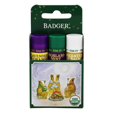 Highland Lavender - Badger - Organic Classic Holiday Lip Balm Green Box Lavender & Orange, Highland Mint, Unscented - 3 Pack (pack of 2)
