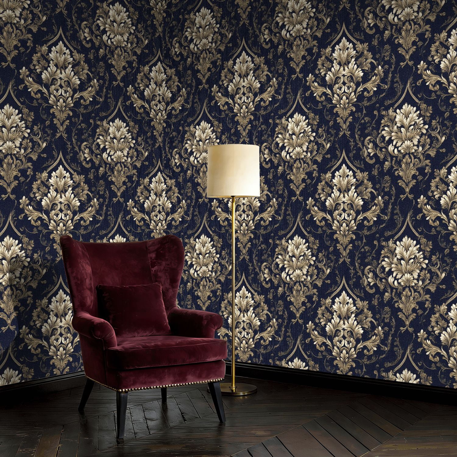 Baroque Peel and Stick Wallpaper Symmetrical Dark Damask Antique Gold Baroque Florals Wall Mural 23.6in x 9.8ft Self Adhesive Removable Wall Paper Renter Friendly Wallpaper for Bedroom Livingroom Men