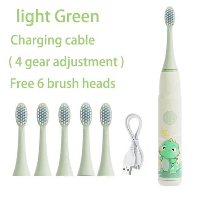 Cepillo de dientes eléctrico para niños, dibujos animados, con cabezal de repuesto, ultrasónico, IPX7, resistente al agua, recargable, sónico